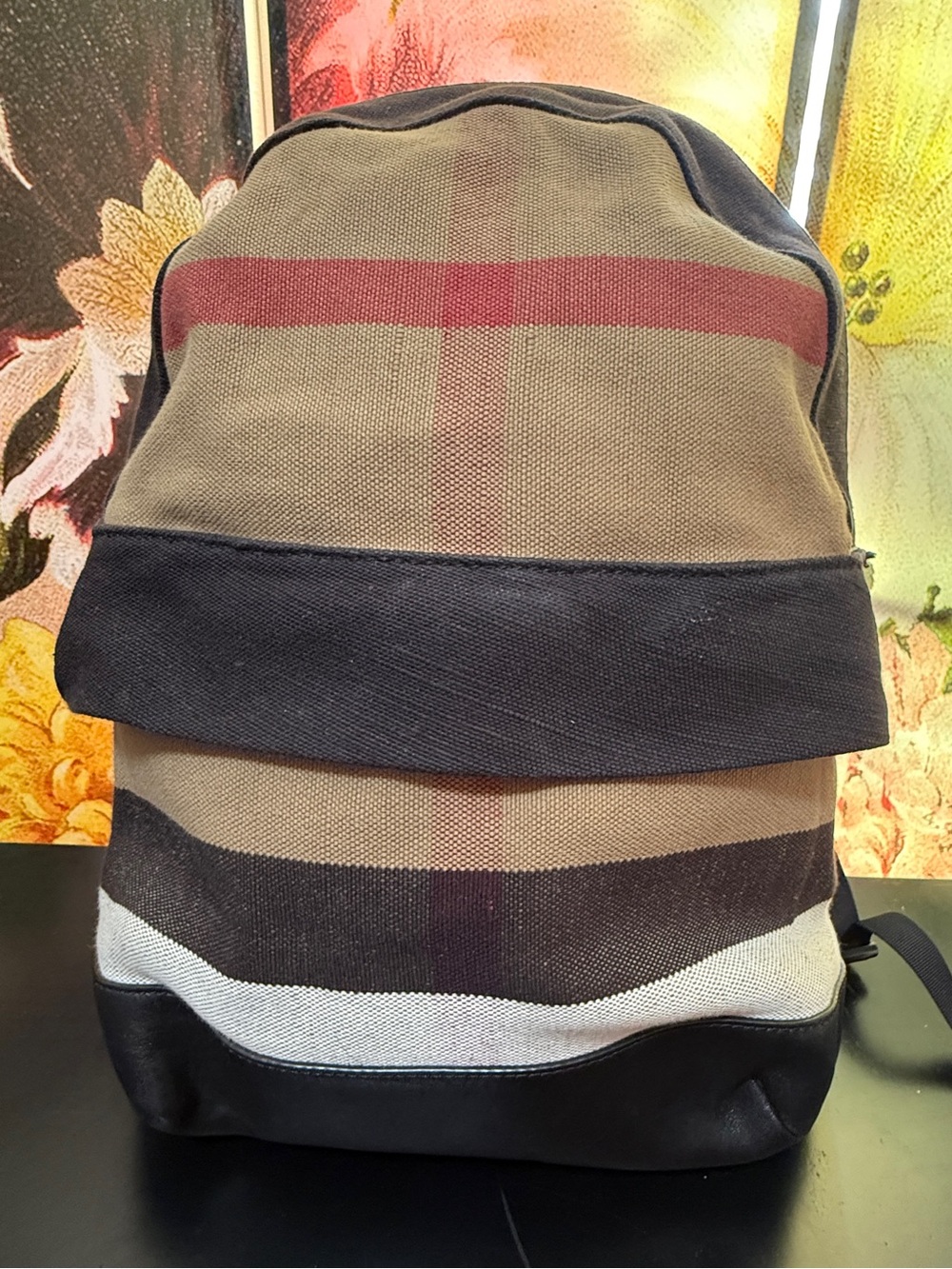 Burberry Tan and Black Striped Canvas Backpack